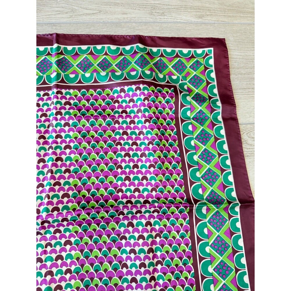 Vintage Sillook Japanese Geometric Scarf Scallop | Green and Purple | 27" Square - Picture 4 of 15
